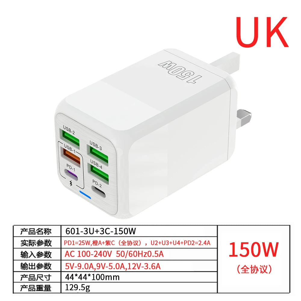 150W 6-Port Fast USB-C Charger | Super Speed PD QC 4.0 Wall Adapter for iPhone & More Mirza Store
