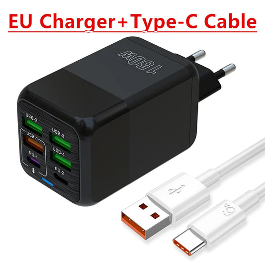150W 6-Port Fast USB-C Charger | Super Speed PD QC 4.0 Wall Adapter for iPhone & More Mirza Store