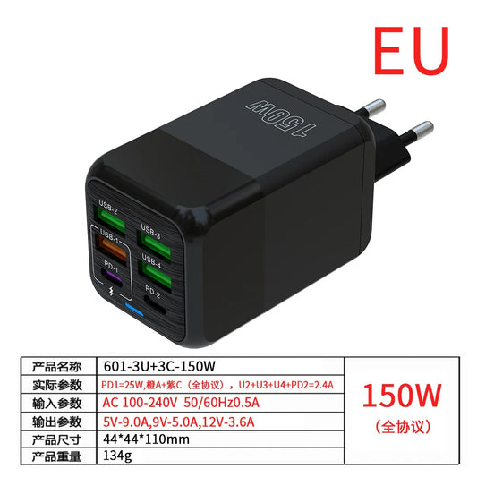 150W 6-Port Fast USB-C Charger | Super Speed PD QC 4.0 Wall Adapter for iPhone & More Mirza Store