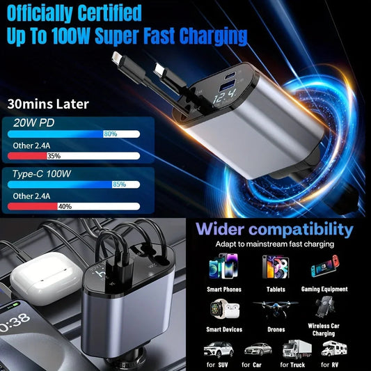 4-in-1 120W Retractable Car Charger Mirza Store