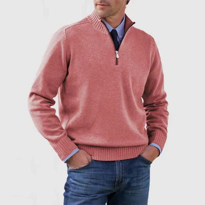 Men's Stand Collar Zipper Sweater Winter Fashion Solid Color Long Sleeve Knitted Top Clothing - Mirza Finds