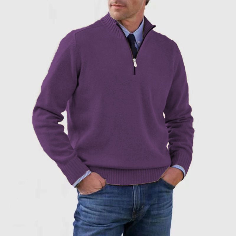 Men's Stand Collar Zipper Sweater Winter Fashion Solid Color Long Sleeve Knitted Top Clothing - Mirza Finds