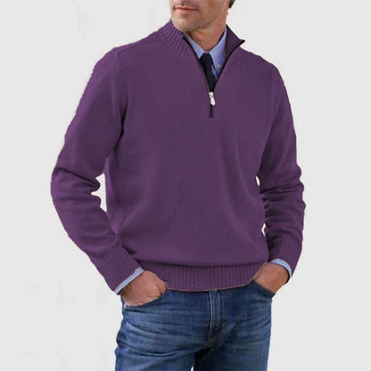 Men's Stand Collar Zipper Sweater Winter Fashion Solid Color Long Sleeve Knitted Top Clothing - Mirza Finds