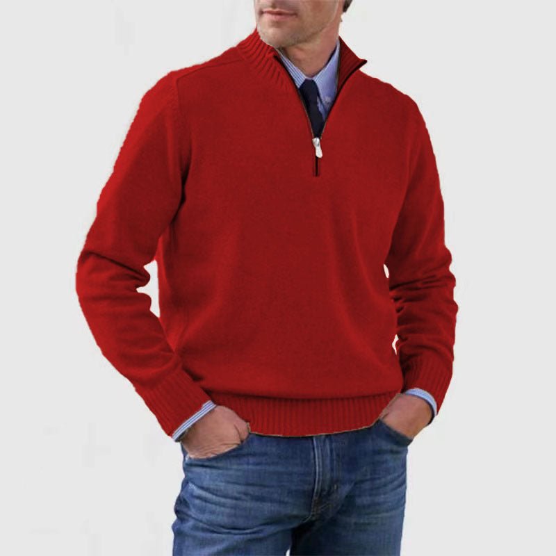Men's Stand Collar Zipper Sweater Winter Fashion Solid Color Long Sleeve Knitted Top Clothing - Mirza Finds