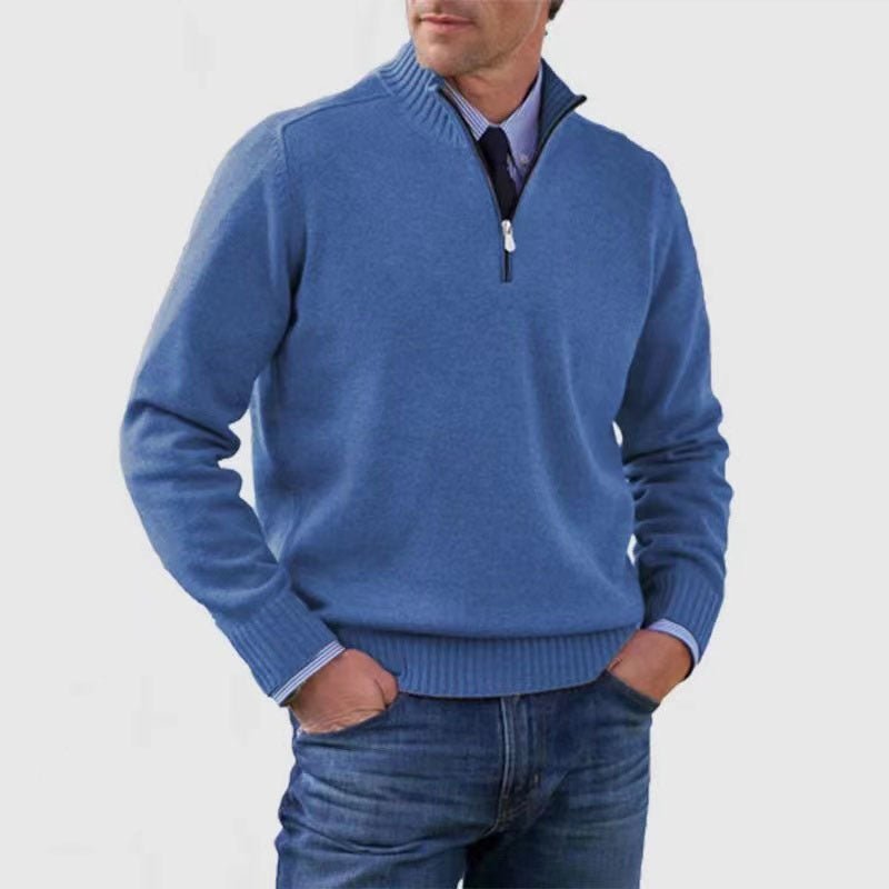 Men's Stand Collar Zipper Sweater Winter Fashion Solid Color Long Sleeve Knitted Top Clothing - Mirza Finds