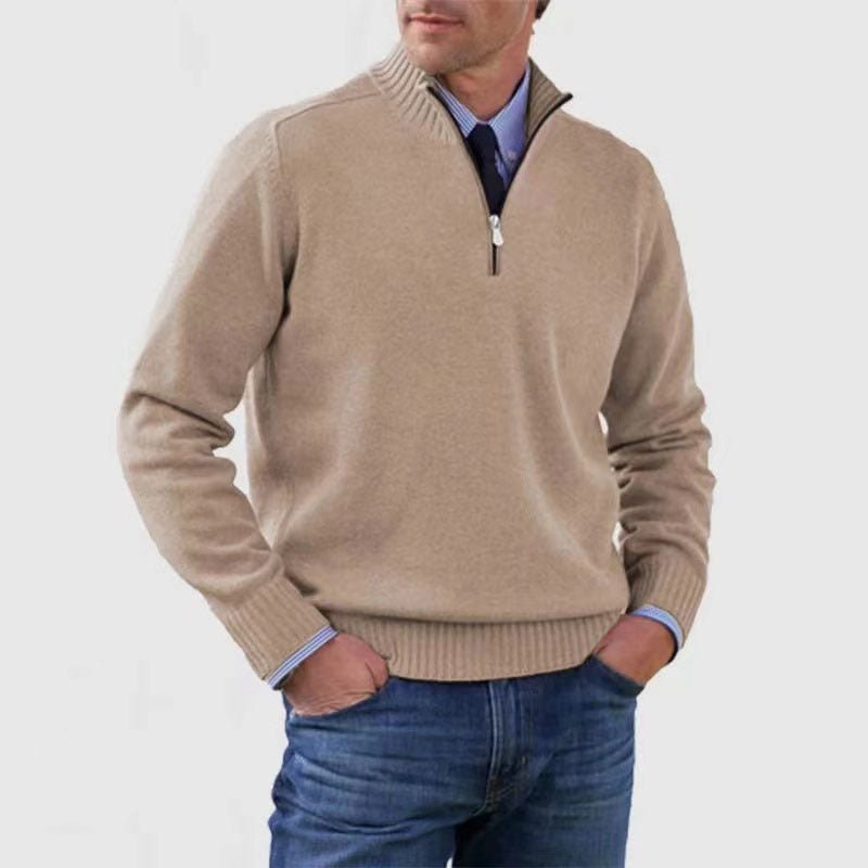 Men's Stand Collar Zipper Sweater Winter Fashion Solid Color Long Sleeve Knitted Top Clothing - Mirza Finds