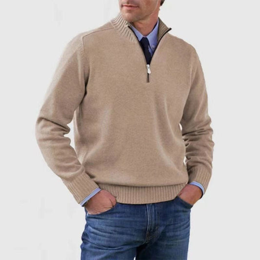 Men's Stand Collar Zipper Sweater Winter Fashion Solid Color Long Sleeve Knitted Top Clothing - Mirza Finds