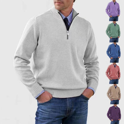 Men's Stand Collar Zipper Sweater Winter Fashion Solid Color Long Sleeve Knitted Top Clothing - Mirza Finds