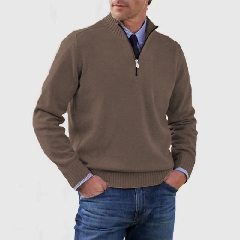 Men's Stand Collar Zipper Sweater Winter Fashion Solid Color Long Sleeve Knitted Top Clothing - Mirza Finds