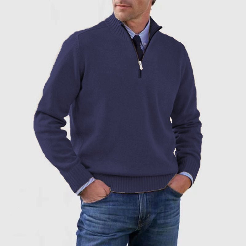 Men's Stand Collar Zipper Sweater Winter Fashion Solid Color Long Sleeve Knitted Top Clothing - Mirza Finds