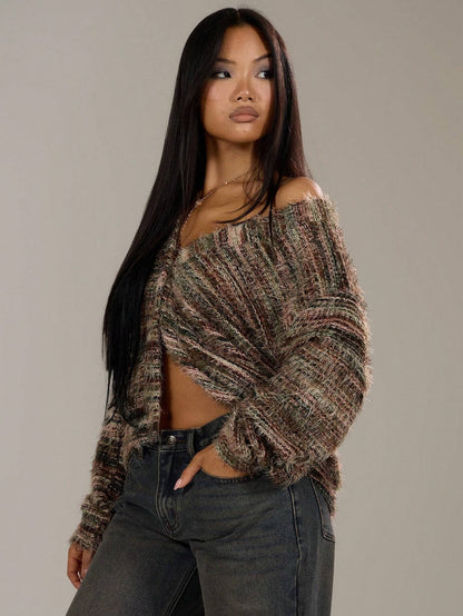 Winter Stripe Knitted Sweater Ins Button Cardigan Long Sleeved V - neck Cropped Tops For Women - Mirza Finds