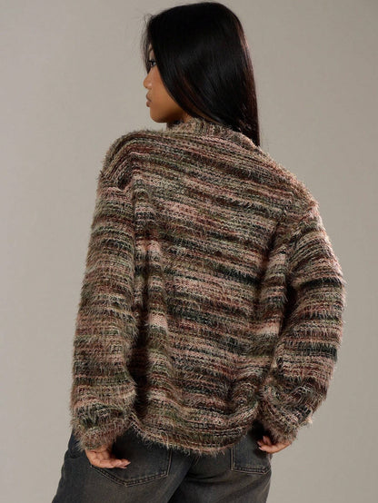 Winter Stripe Knitted Sweater Ins Button Cardigan Long Sleeved V - neck Cropped Tops For Women - Mirza Finds